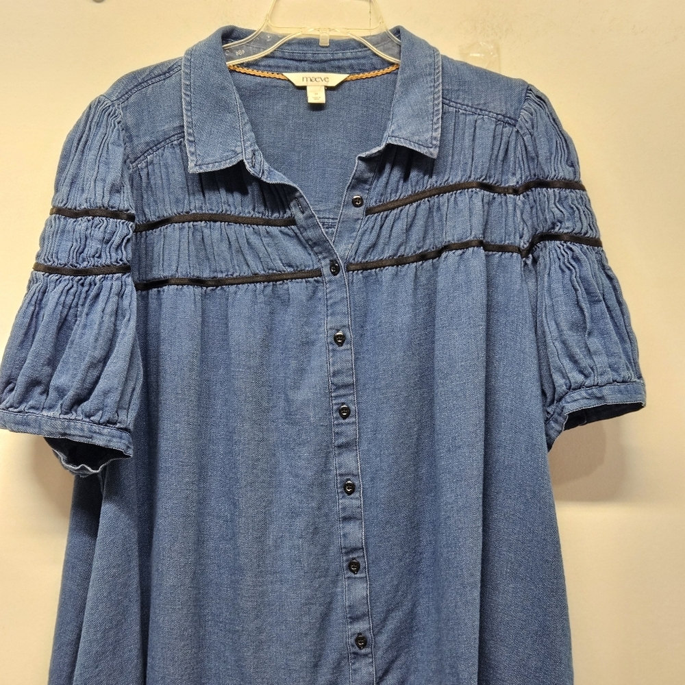 Maeve Leandra Shirred Yoke Mini Dress Size 2X Denim Button Down Ruffle Sleeves - Picture 7 of 15